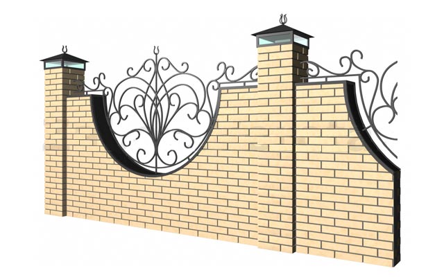 Декоративный забор с кирпичными столбами и секциями из кирпича и вставками из кованых узоров вариант 4 одесса